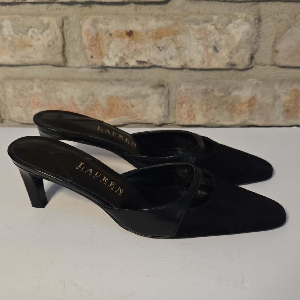 Lauren Ralph Lauren Women's 5.5 Black Suede & Leather Kitten Heel Mules - Picture 2 of 16